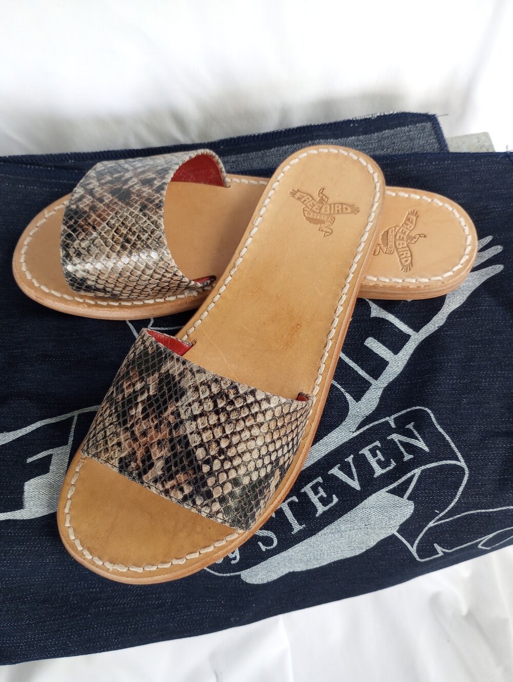 Freebird Sandals Slides Golden Brown Snake Print Size 8 Flat Slip On